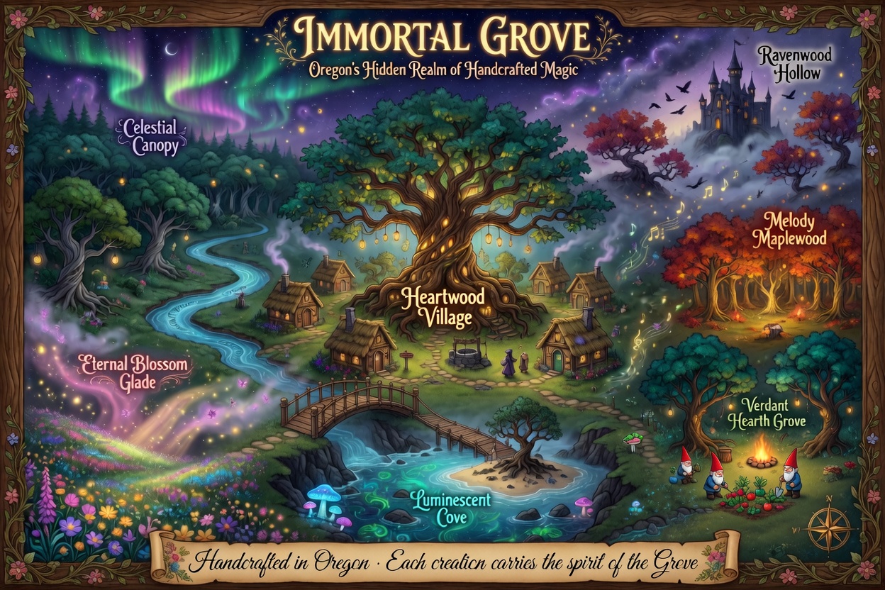 Immortal Grove fantasy illustrated map showing seven magical zones including Eternal Blossom Glade, Heartwood Village, Celestial Canopy, Luminescent Cove, Verdant Hearth Grove, Melody Maplewood, and Ravenwood Hollow