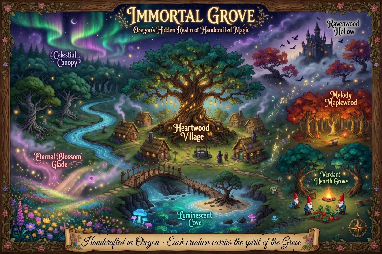 Immortal Grove fantasy illustrated map showing seven magical zones including Eternal Blossom Glade, Heartwood Village, Celestial Canopy, Luminescent Cove, Verdant Hearth Grove, Melody Maplewood, and Ravenwood Hollow
